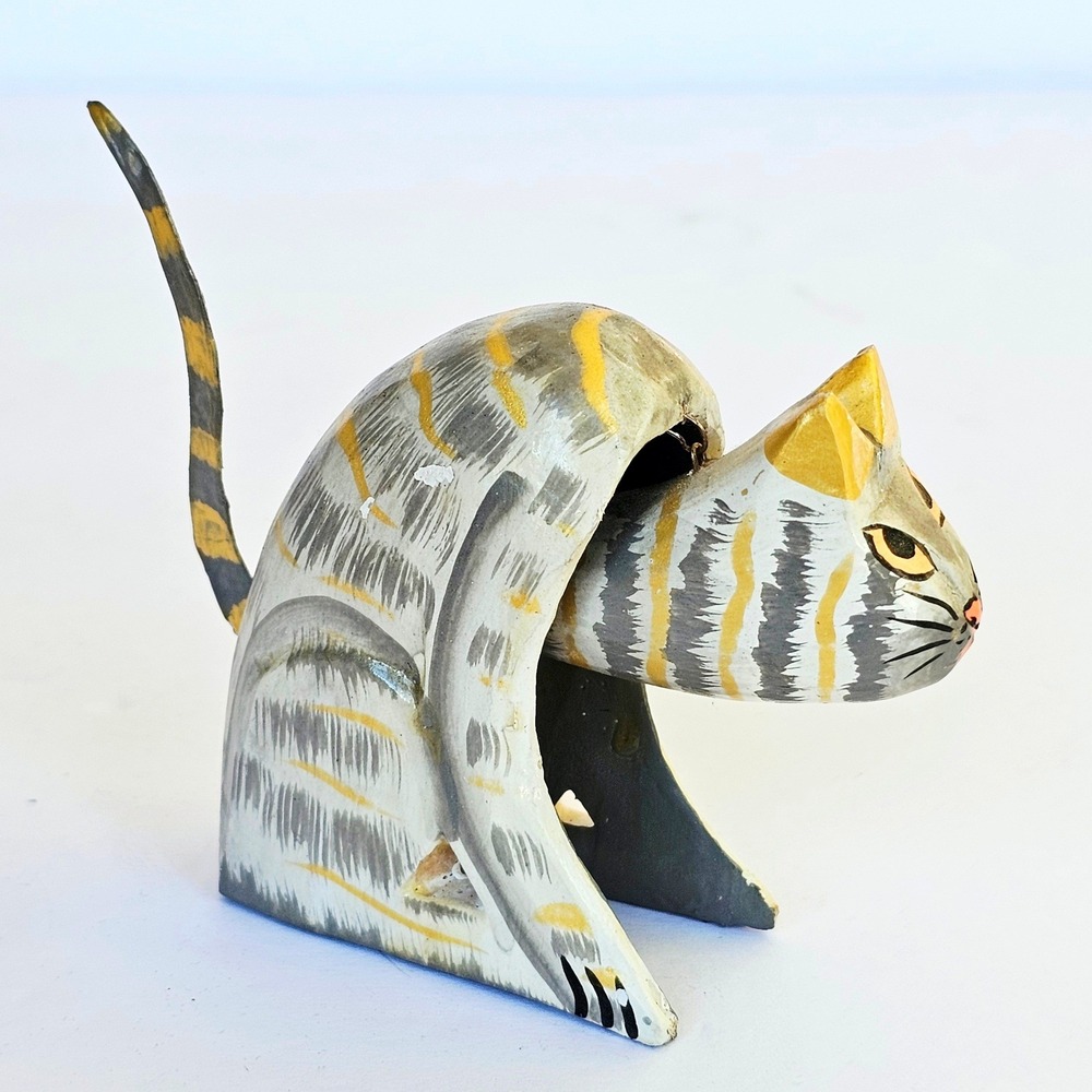 Vintage Hand Painted Wooden Cat Bobblehead Grey Tabby Figurine Folk Art Nodder